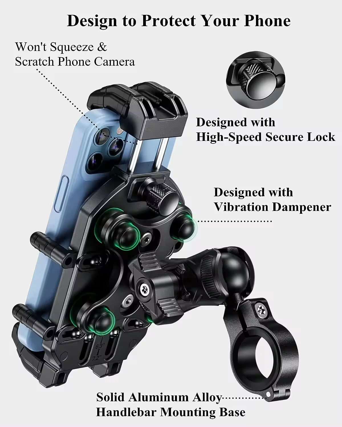 Kewig Motorcycle Phone Holder Anti vibration Damper+safe lock Fit the bar diameter:20mm-40mm Suitable phone size:4.5-7.2inch (Without Charger) (M26-C1)